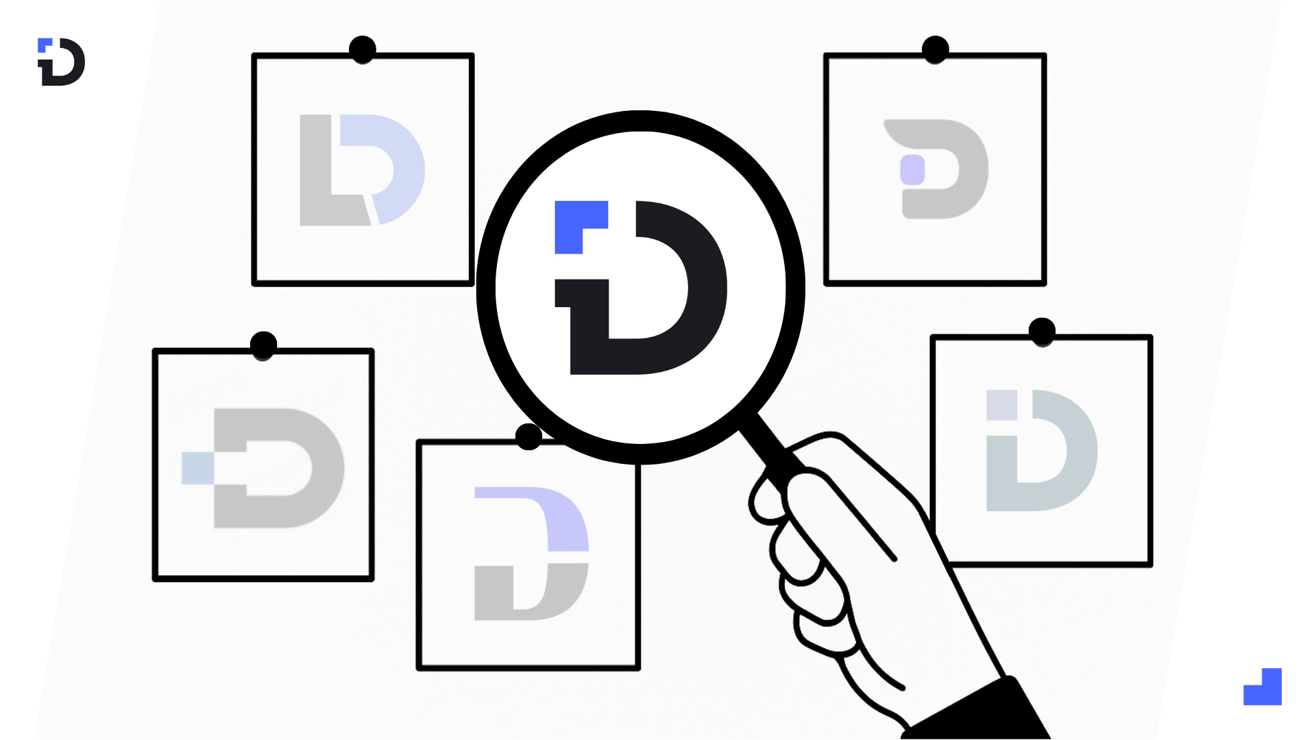 Collage of various brand logos viewed under magnifying glass