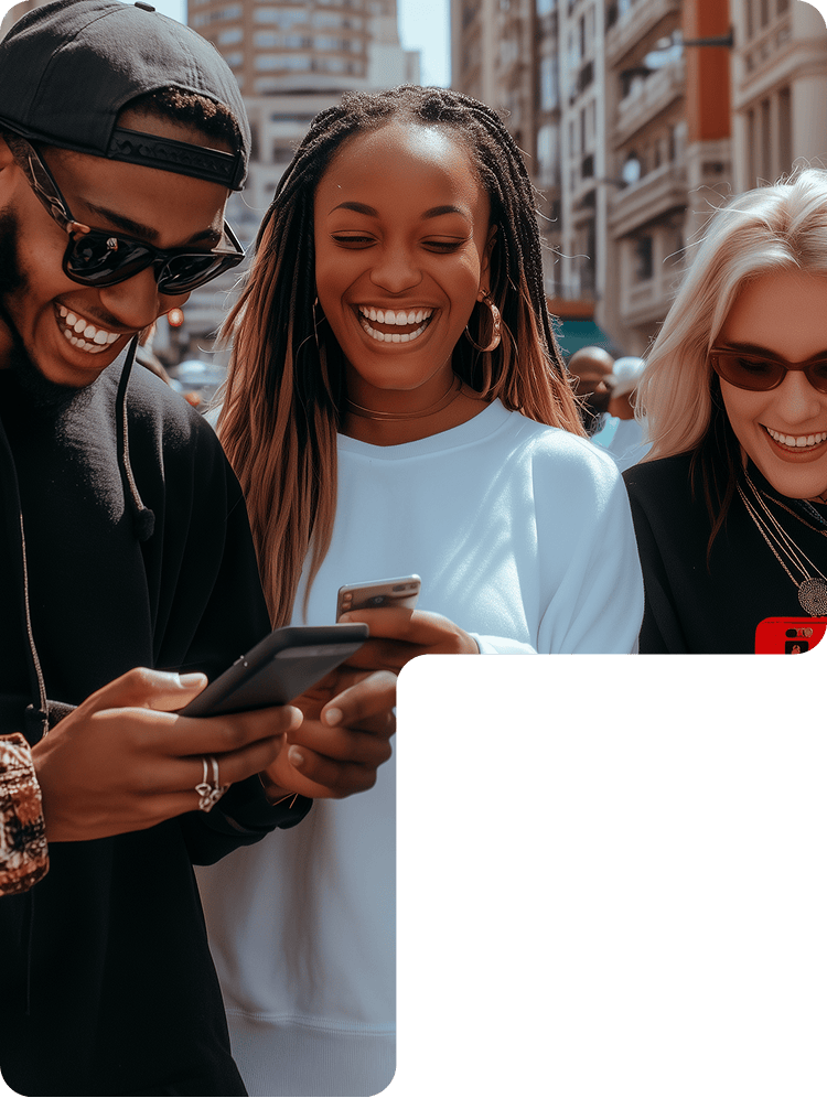 Diverse happy young people in South Africa using mobile banking services outdoors