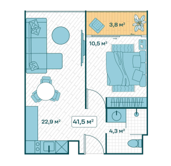 1-bedroom floor plan 41.5 m² Sun Hills Lakeside