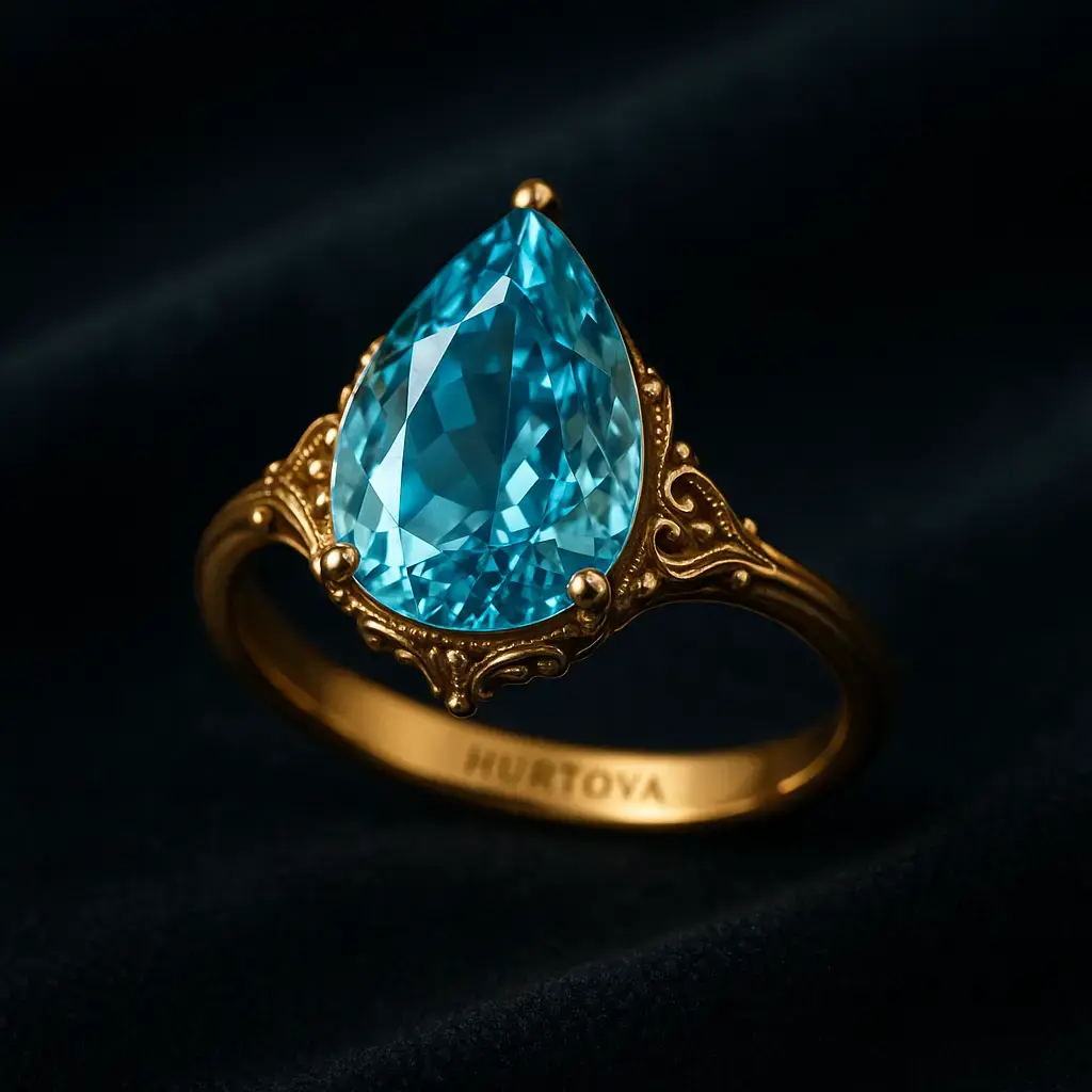 вінтажна золота каблучка 9К з натуральним синім топазом 1.57 карата у класичному дизайні від HURTOVA