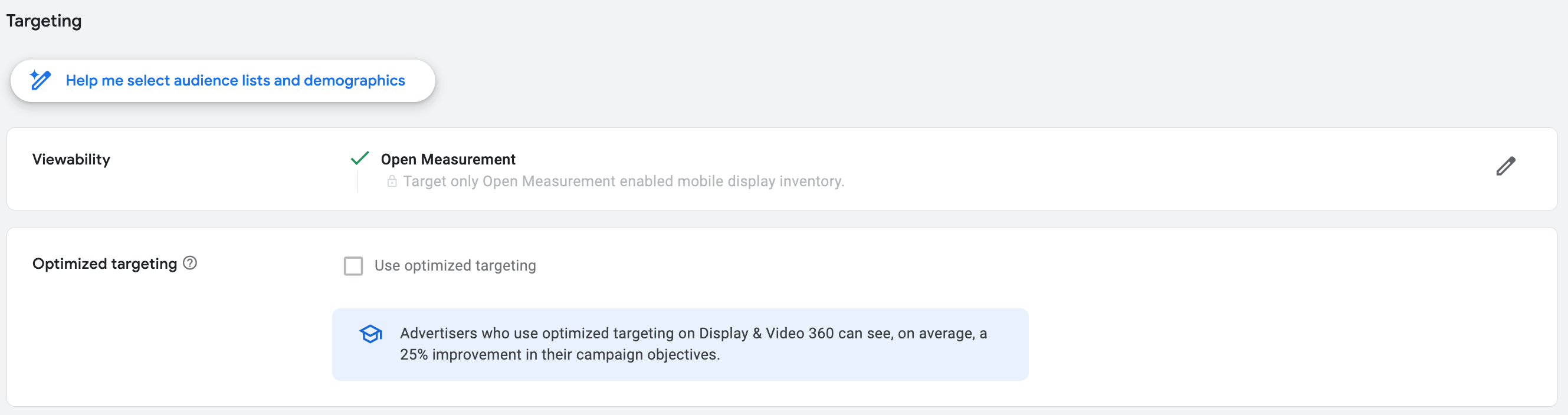Блок Targeting с аудиториями, Viewability и Optimized targeting в Line Item