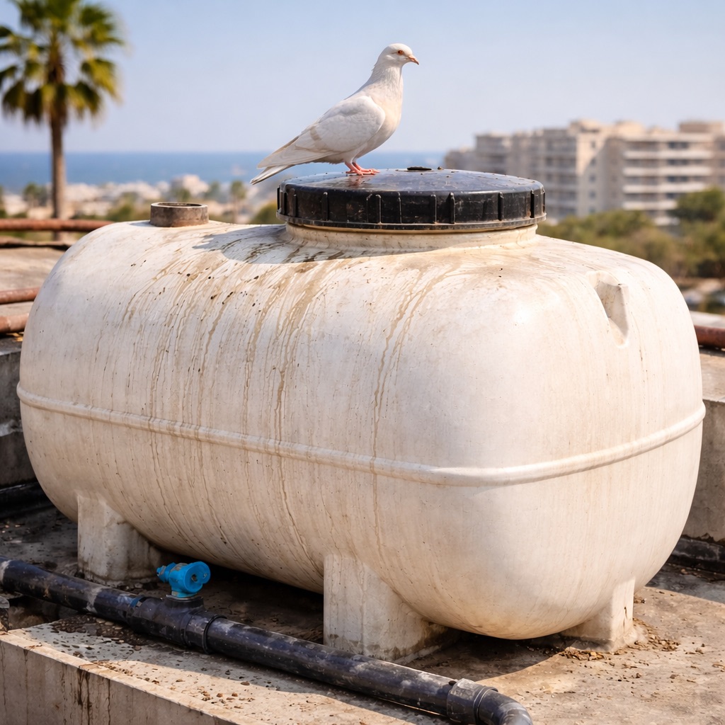 The image shows a pigeon sitting on the lid of a dirty water storage tank installed under direct sunlight on a rooftop in Limassol, Cyprus.