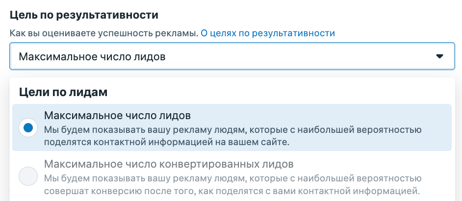 Цель по результативности с подзаголовком «Цели по лидам»: выбран «Максимальное число лидов» с описанием стратегии