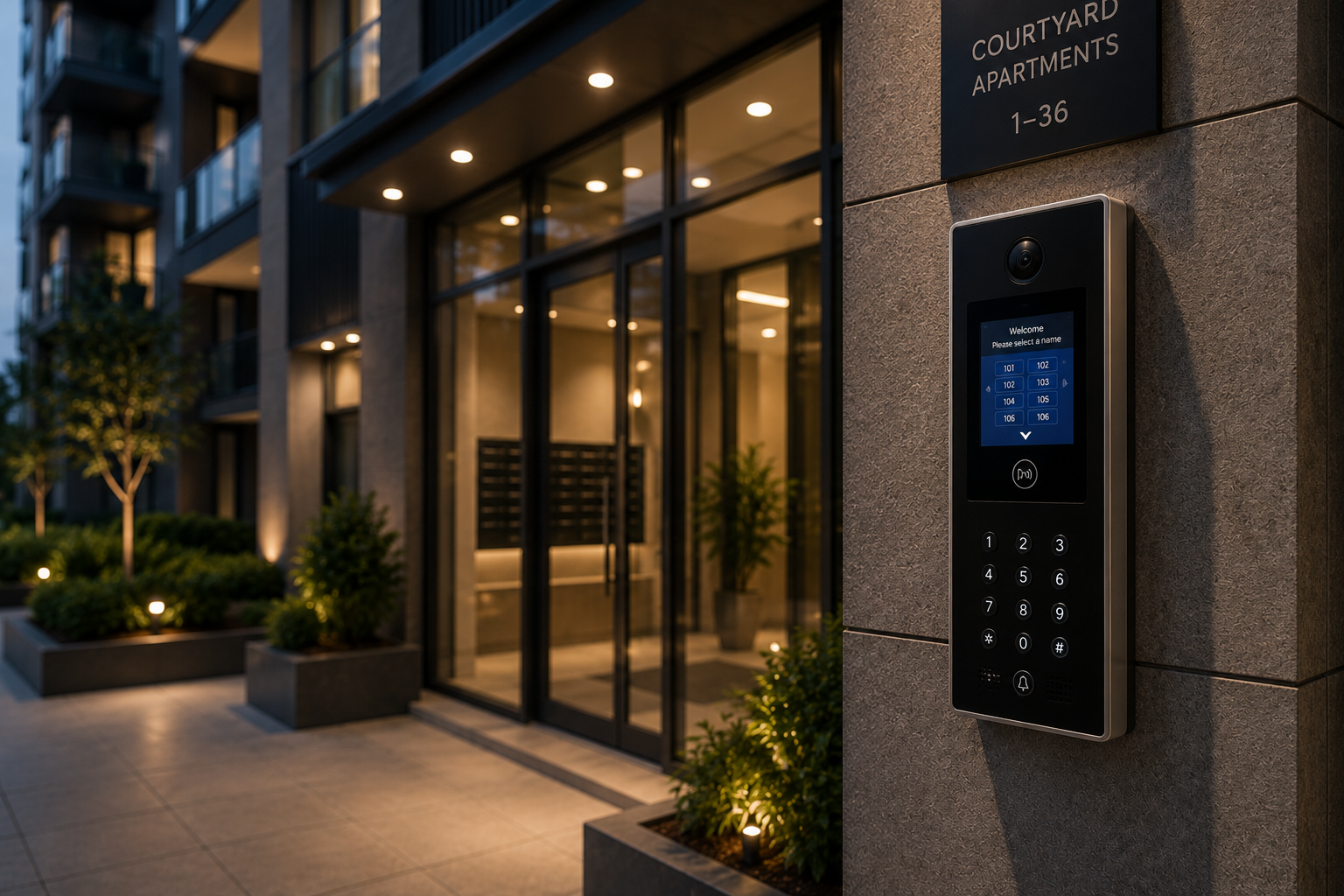 Modern video intercom installed at a residential entrance