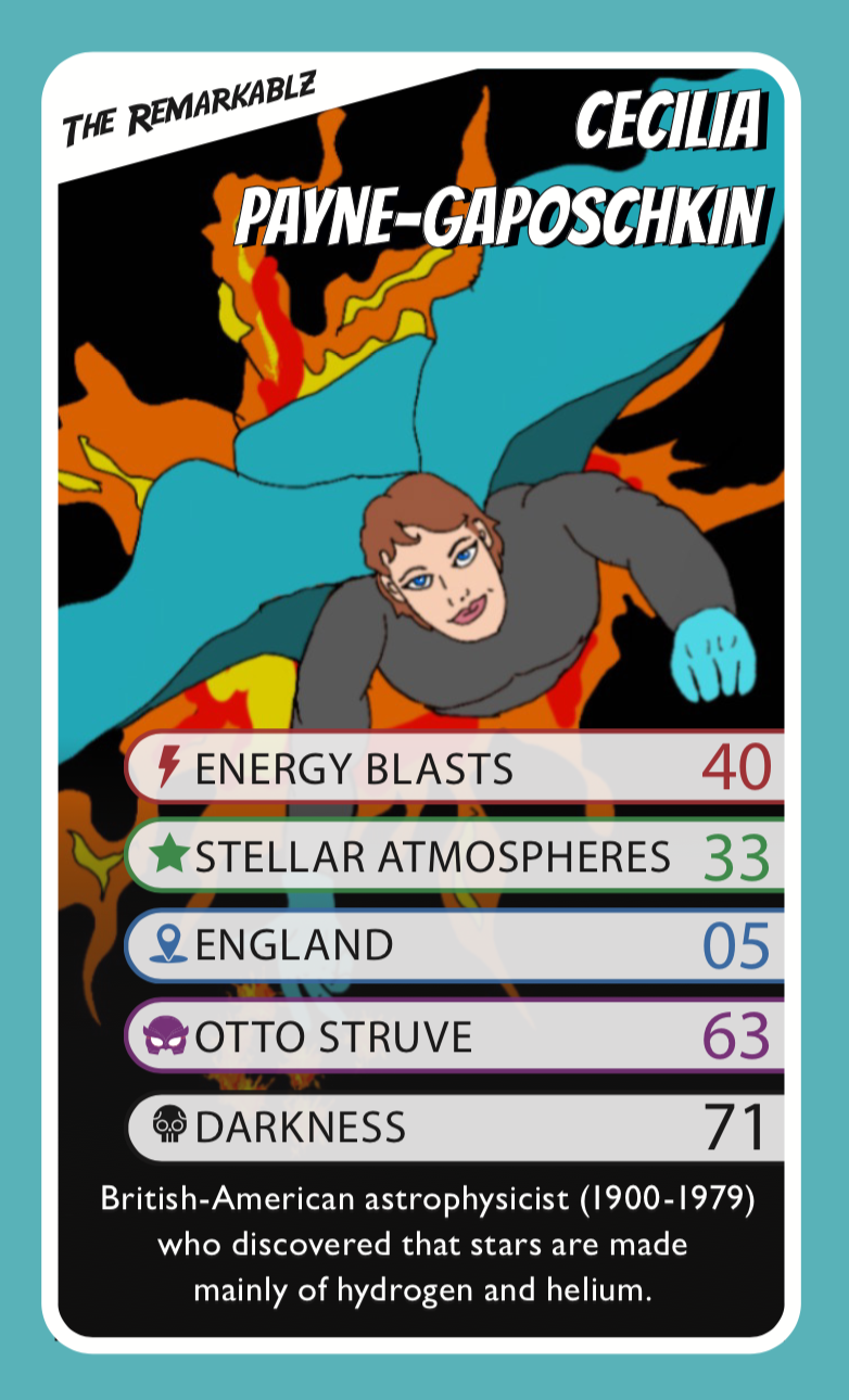 Illustrated superhero trading card of Cecilia Payne-Gaposchkin from The Remarkablz series. She is flying with a determined look, surrounded by flames. The card features playful stats like "Energy Blasts: 40" and "Stellar Atmospheres: 33." A short caption notes that she was a British-American astrophysicist who discovered that stars are made mainly of hydrogen and helium.
