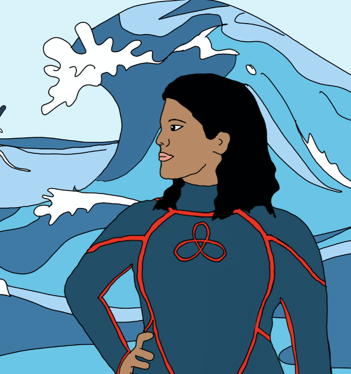 Illustrated trading card of Asha de Vos from The Remarkablz series. Asha stands confidently in front of crashing ocean waves wearing a superhero wetsuit.