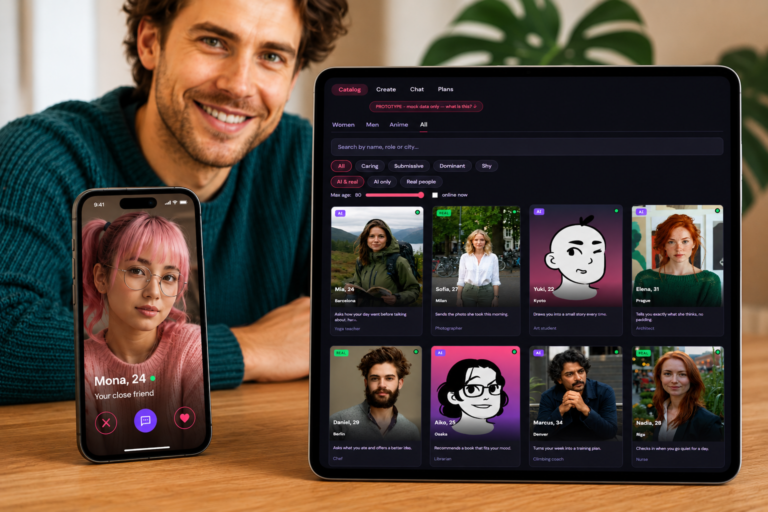 The companion storefront: catalogue with AI and Real labels, filters, token balance.