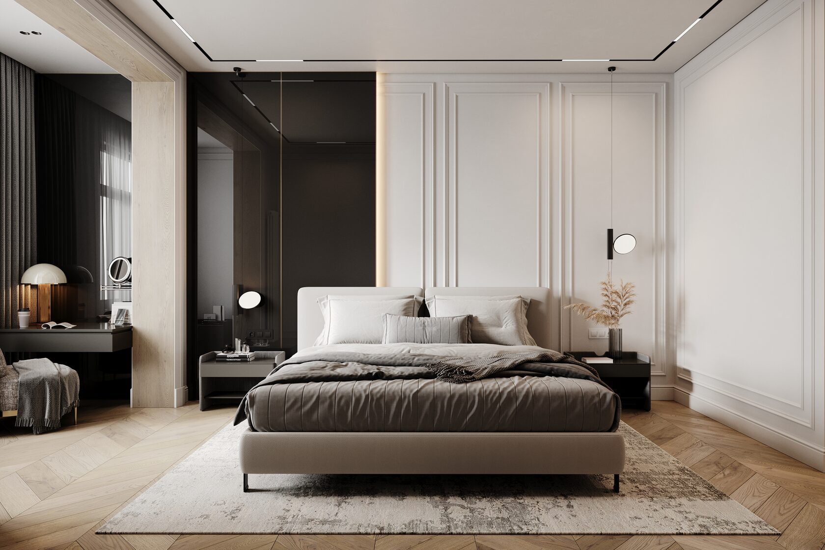 This spacious two-bedroom apartment is located on one of the top floors, offering panoramic views of Moscow