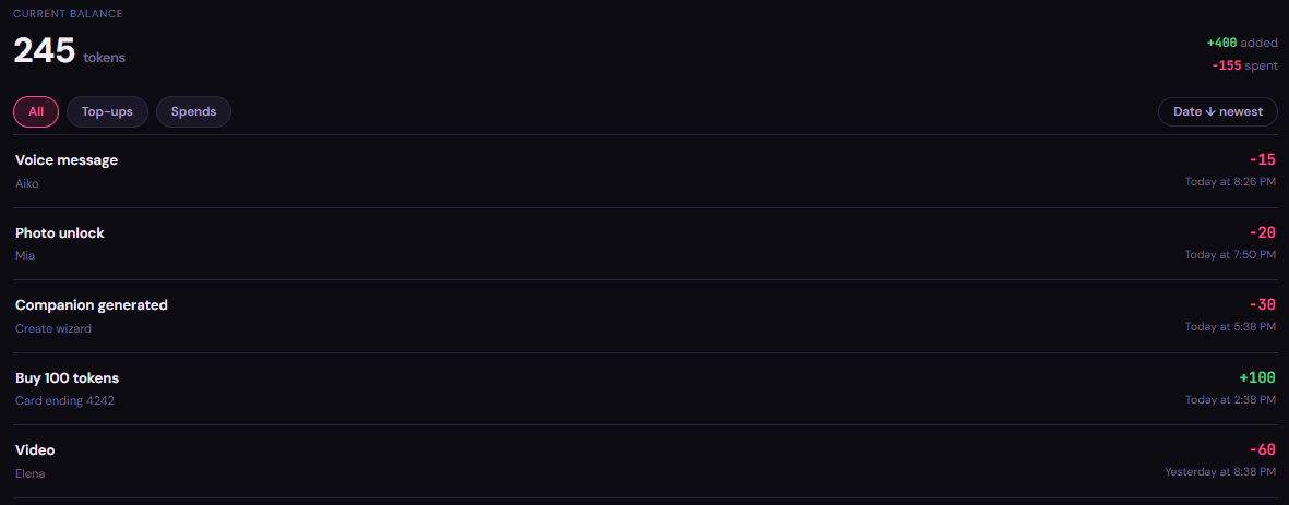 The wallet: balance 245 tokens, and a history of voice message minus 15, photo unlock minus 20, companion generated minus 30, buy 100 tokens plus 100.