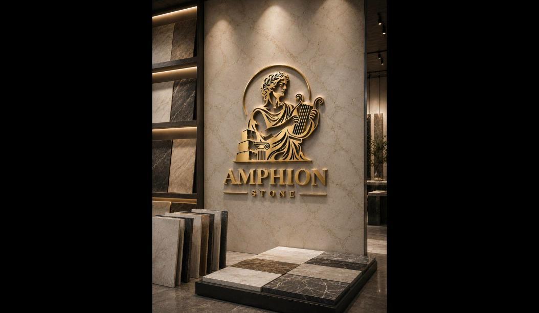 AMPHION STONE logo on a stone showroom wall