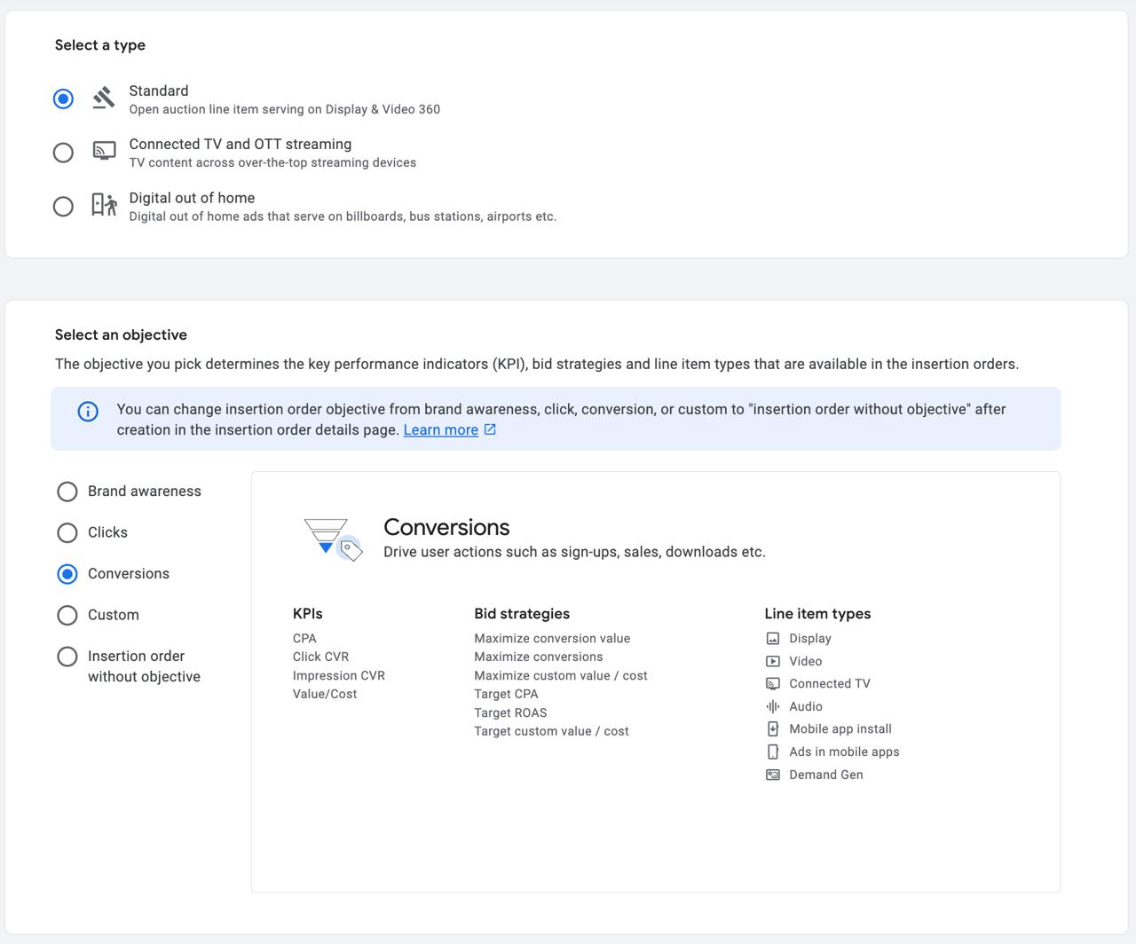 Создание Insertion Order в DV360 - выбор типа и цели