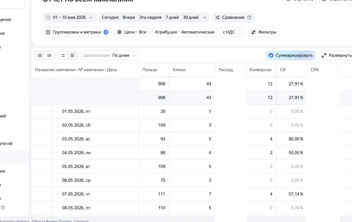 Дневной отчет по расходу и конверсиям кампании Яндекс Директа