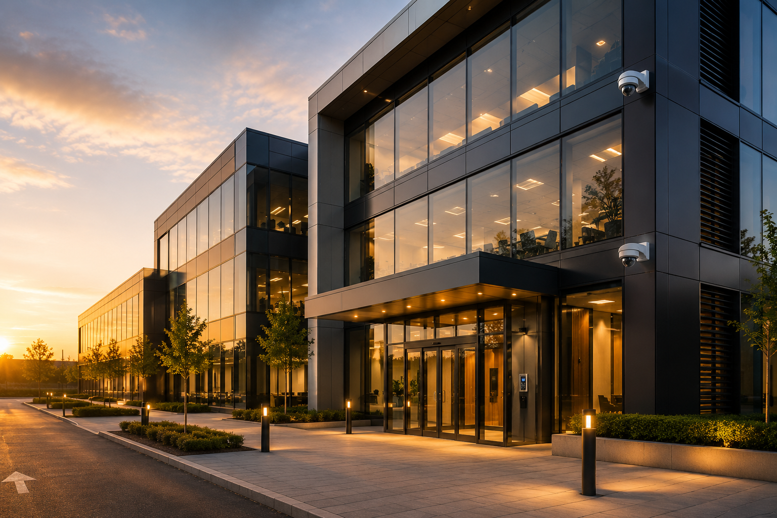 Modern commercial building representing WESEC security industry experience