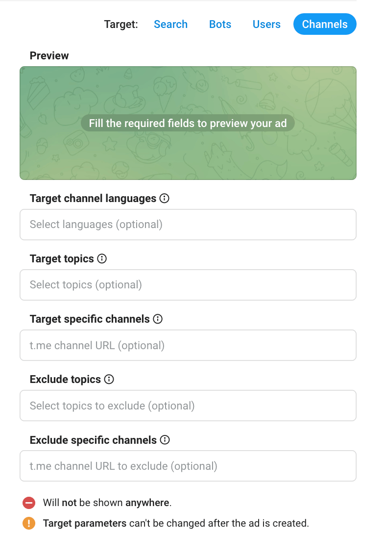 Скриншот Telegram Ads: вкладка Channels - настройки таргетинга по языкам каналов, темам и конкретным каналам, а также исключения тем и каналов