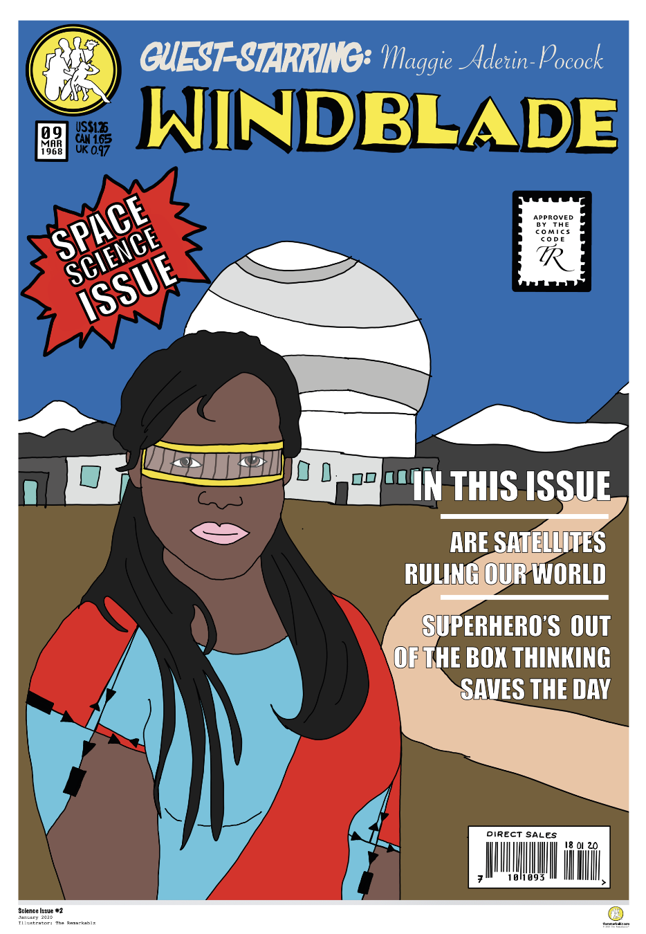 Illustrated comic book cover titled “Windblade” featuring Maggie Aderin-Pocock as a superhero in a red and blue costume with futuristic visor glasses, standing in front of a science research facility. The comic is labeled as the "Space Science Issue" with feature headlines about satellites and out-of-the-box thinking.