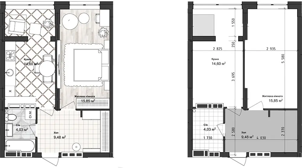 Планировка 1-комнатной квартиры в ЖК Sea Town — вариант 14