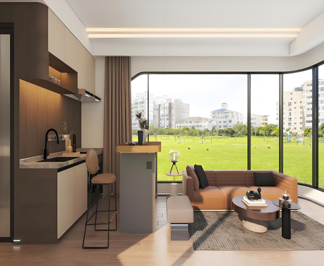 Scandinavian-style living space inside a modern prefab unit in Rusutsu resort area