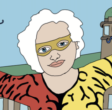 Comic book-style illustration of Brenda Milner as her superhero alter ego "Dr. Amnesia." 
