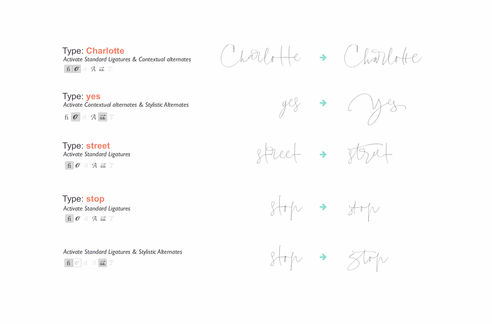 Charlote font, Alternates, Ligatures