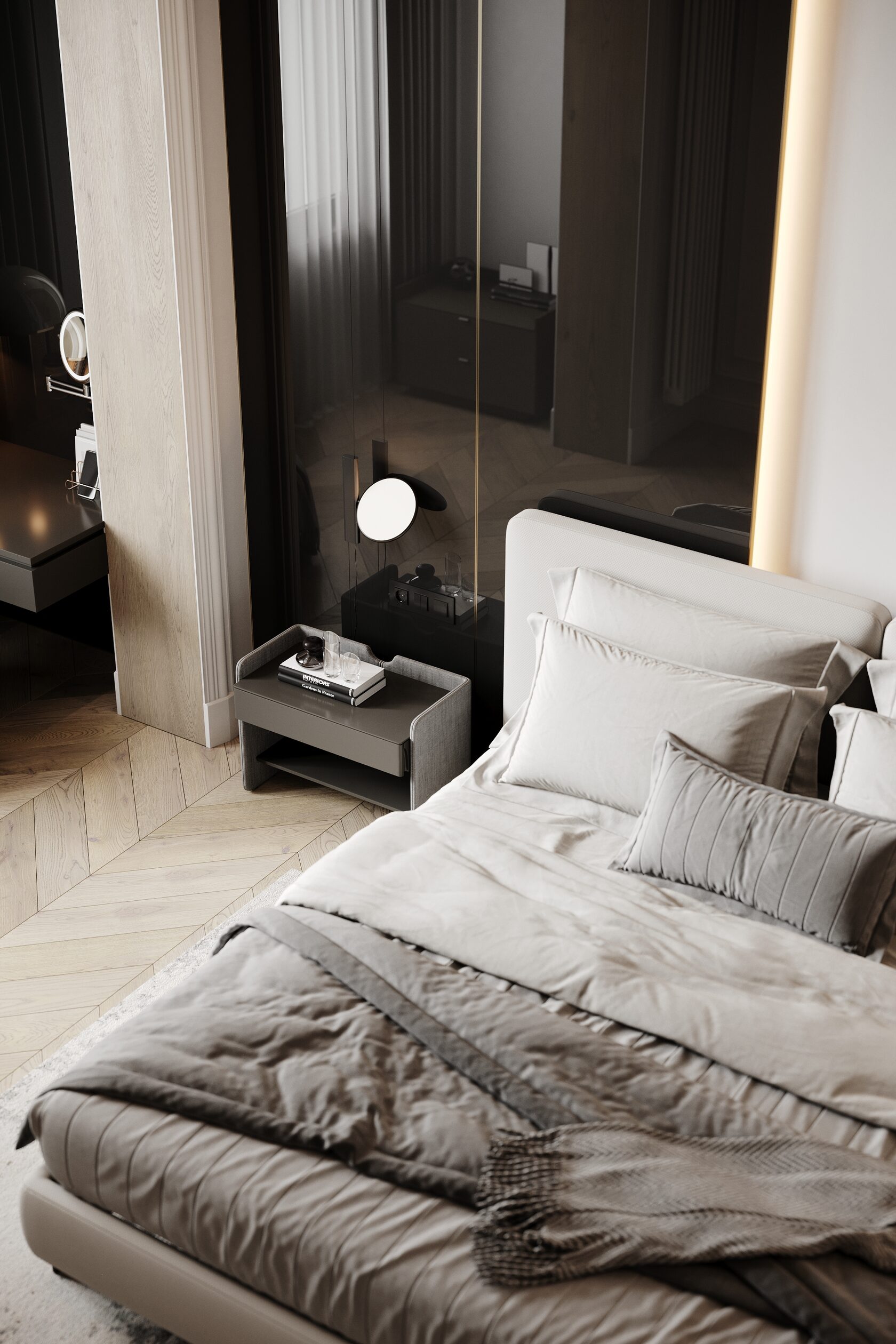 This spacious two-bedroom apartment is located on one of the top floors, offering panoramic views of Moscow
