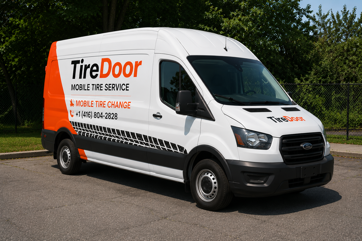 Mobile tire change technician swapping winter tires at a Toronto driveway