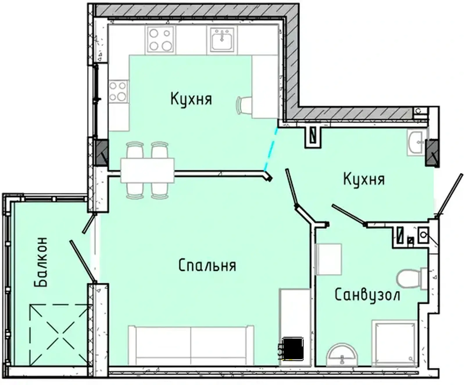 Планировка 1-комнатной квартиры в ЖК Акварель 7 — вариант 3