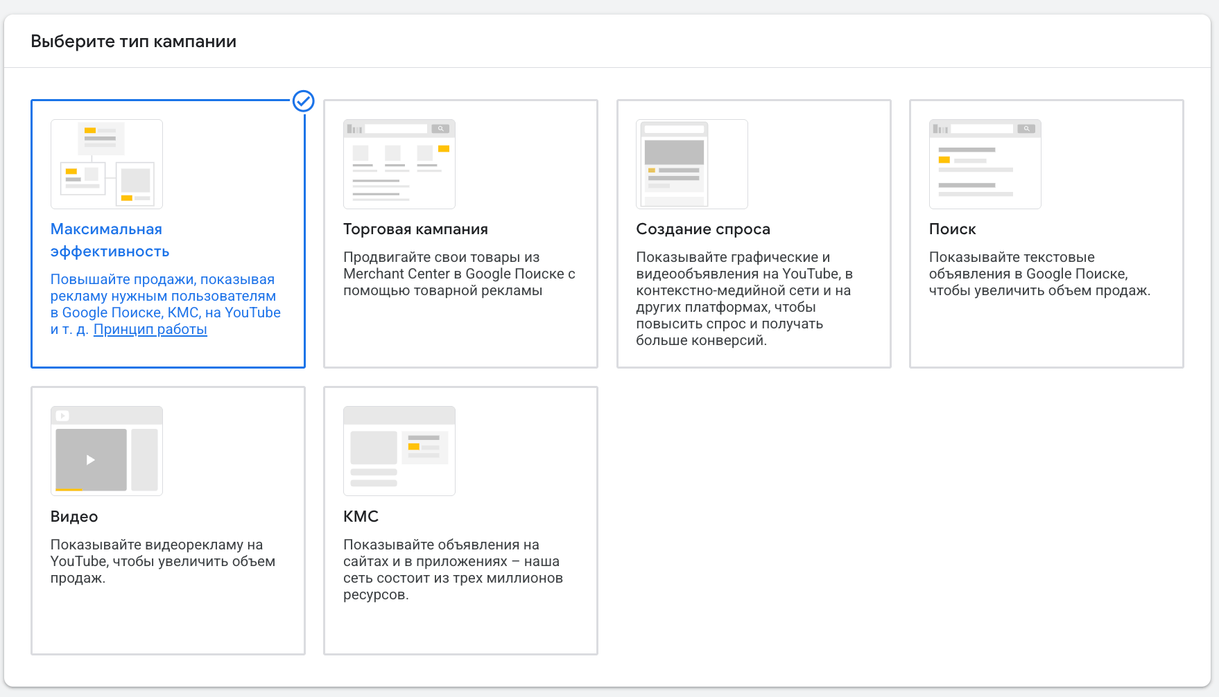 Выбор типа кампании в Google Ads: Максимальная эффективность (Performance Max), Торговая кампания, Создание спроса, Поиск, Видео и КМС