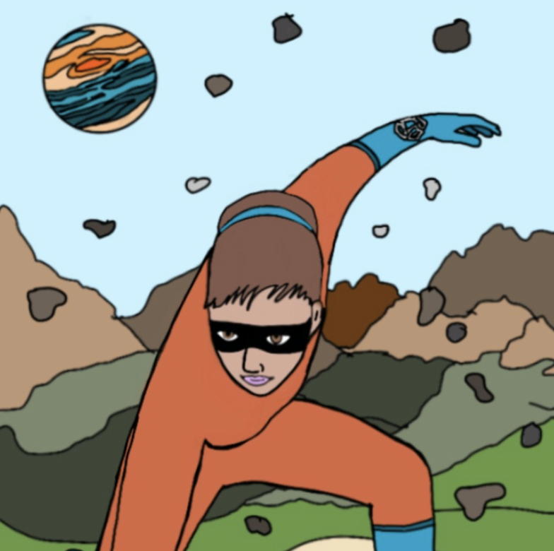 Illustrated superhero trading card of Adriana Ocampo from The Remarkablz. She wears a mask and orange suit, flying through an asteroid-filled landscape.