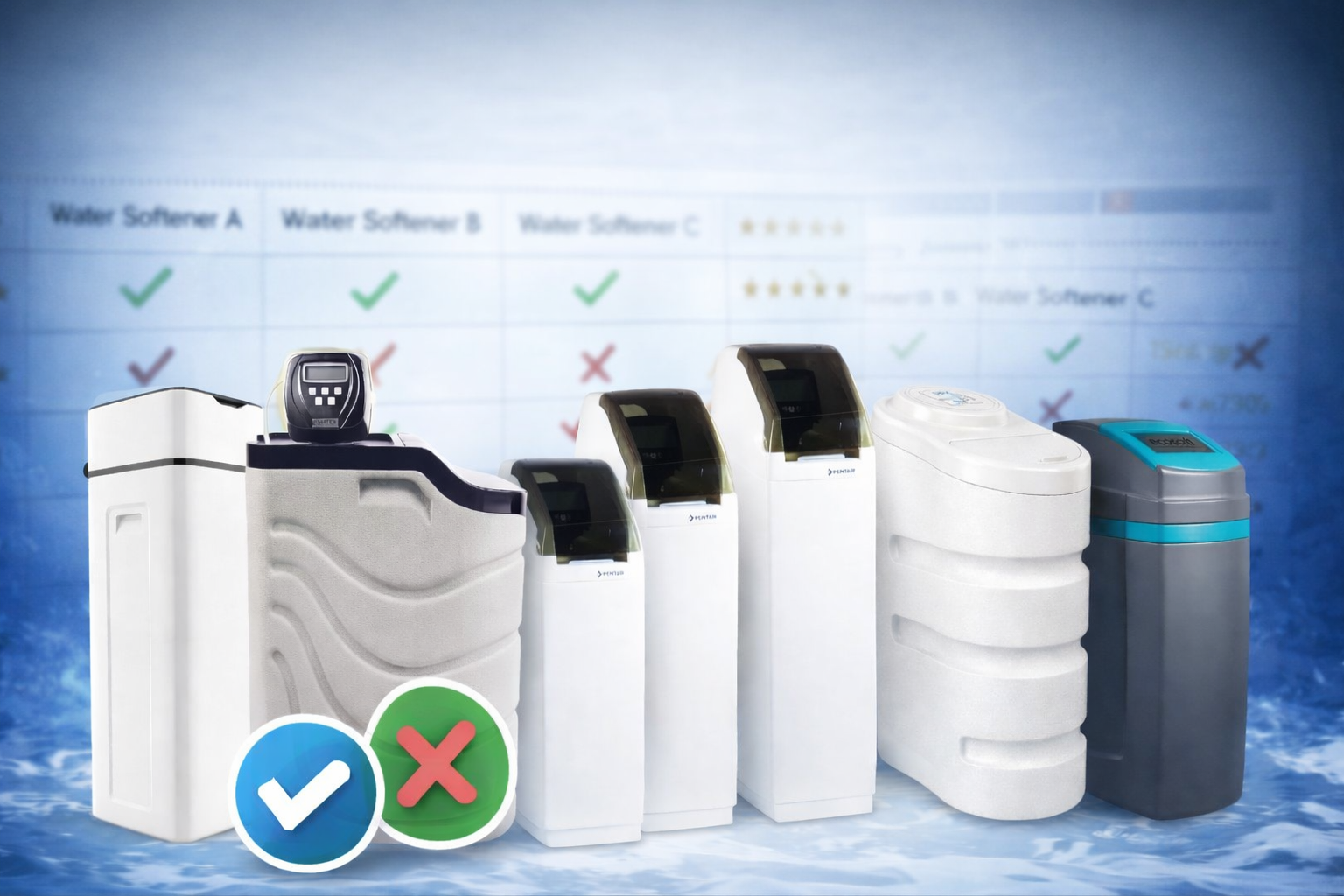 на рисунке изображены разные модели умягчителей воды на фоне таблицы сравнения показателей этих умягчителей 