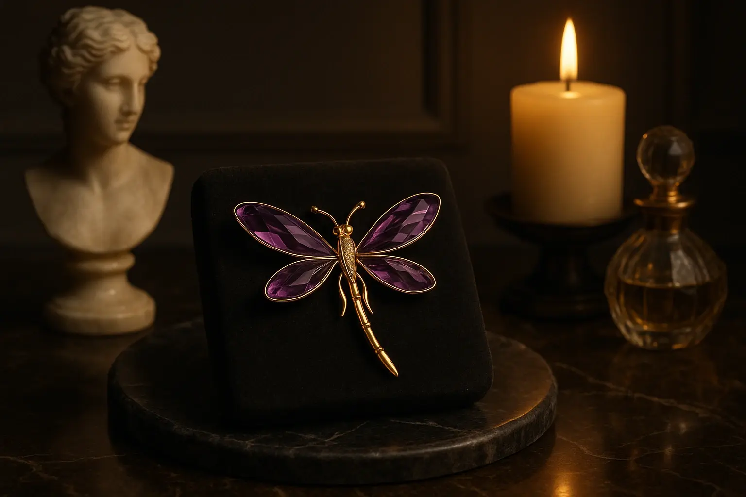 Брошка-стрекоза з аметистовими крилами на оксамиті — HURTOVA