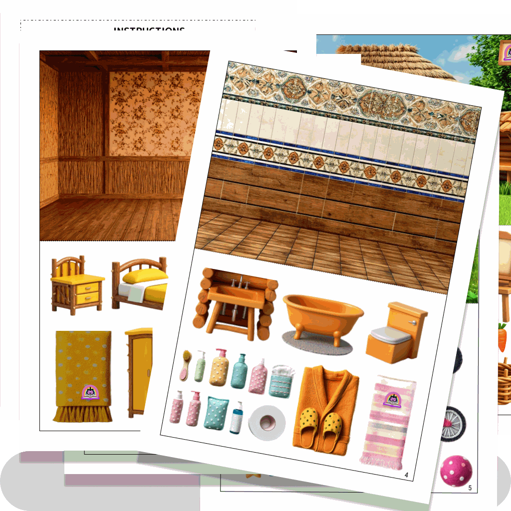 Printable dollhouse with kitchen, bedroom and garden