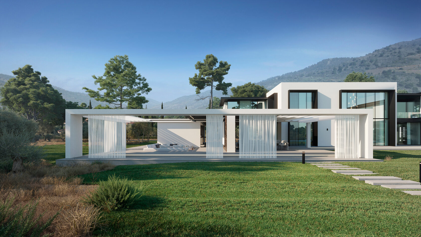 This villa is located on an elevated site in the suburbs of Limassol. The architecture of the house consists of several volumes unified under a single roof, including the main living block, a garage, staff quarters, and a pool area