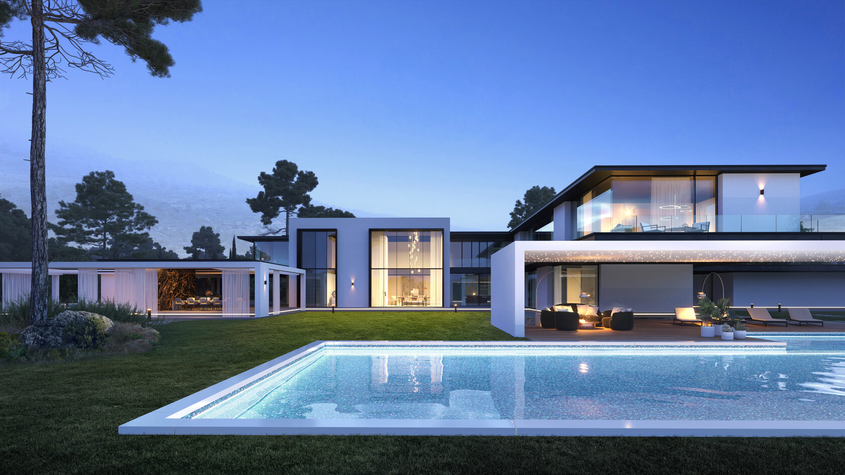 This villa is located on an elevated site in the suburbs of Limassol. The architecture of the house consists of several volumes unified under a single roof, including the main living block, a garage, staff quarters, and a pool area