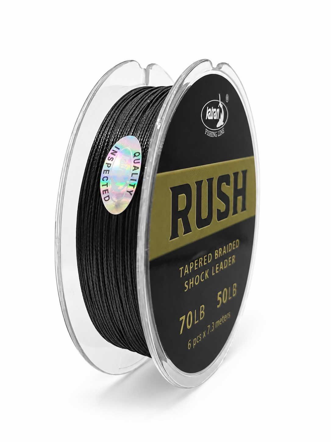 Close-up of black Katran RUSH braided shock leader on spool