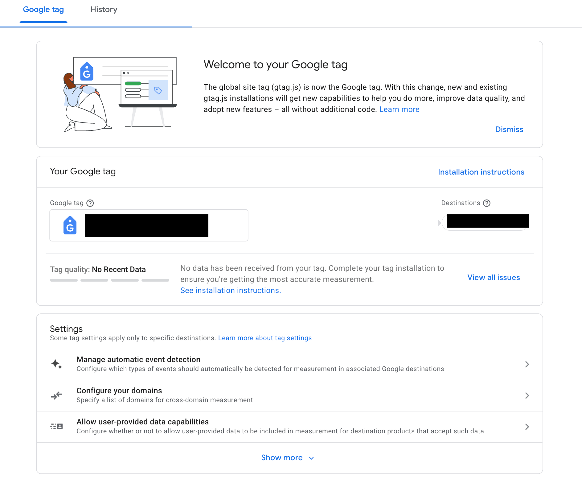 Интерфейс Google tag с предупреждением Tag quality No Recent Data и подсказкой Complete your tag installation
