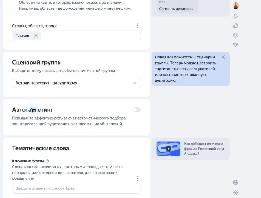 Группа объявлений с выключенным автотаргетингом в Яндекс Директе