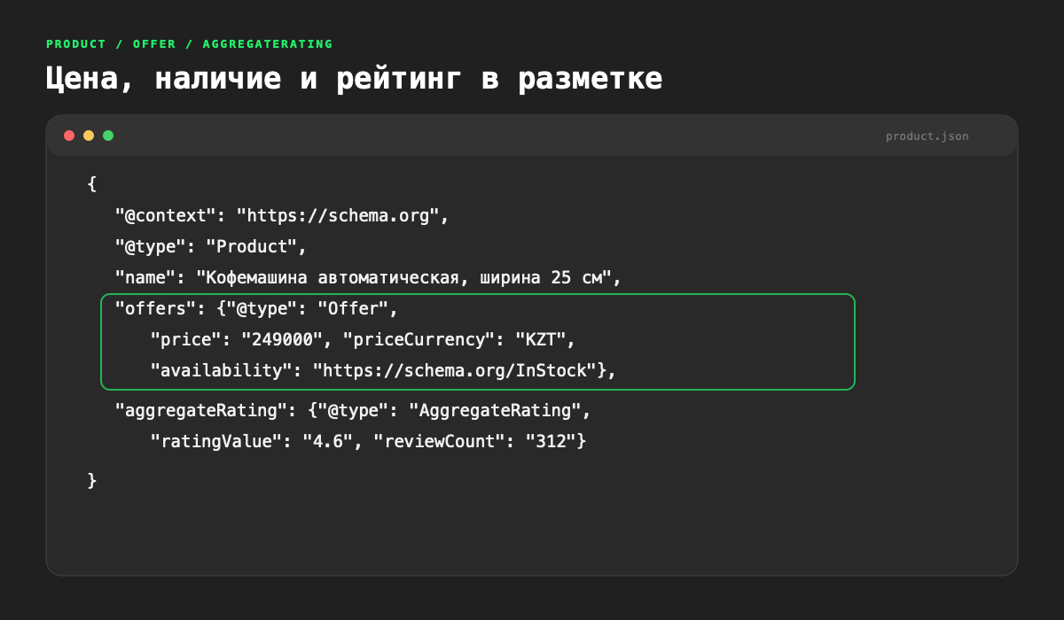 Разметка Product с блоками Offer и AggregateRating, видны цена и статус наличия