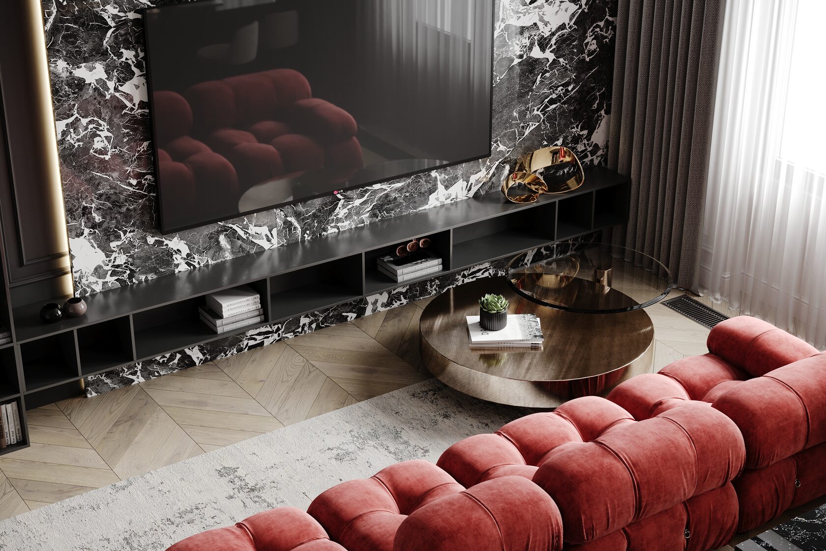 This spacious two-bedroom apartment is located on one of the top floors, offering panoramic views of Moscow