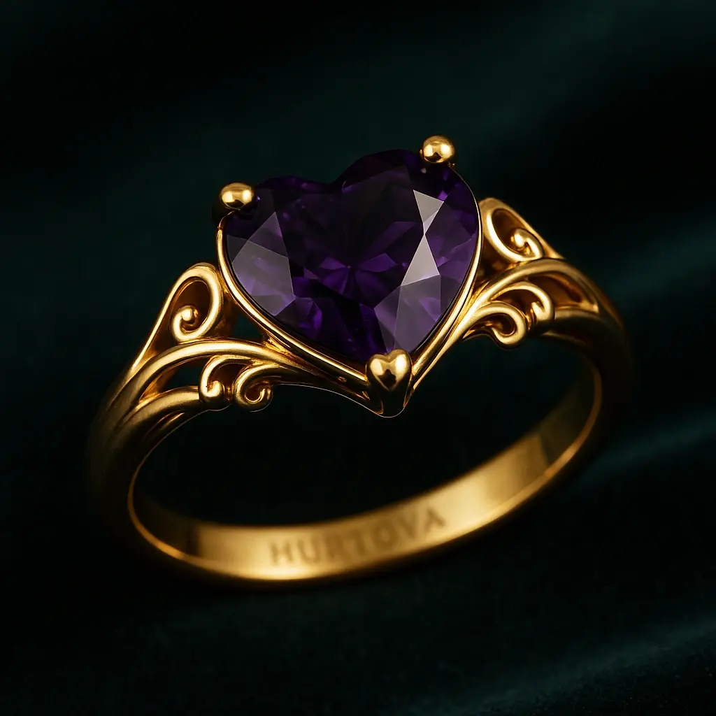 Золота каблучка з темно-фіолетовим аметистом у формі серця, класичний візерунковий дизайн із завитками, бренд HURTOVA, преміальна ювелірна прикраса