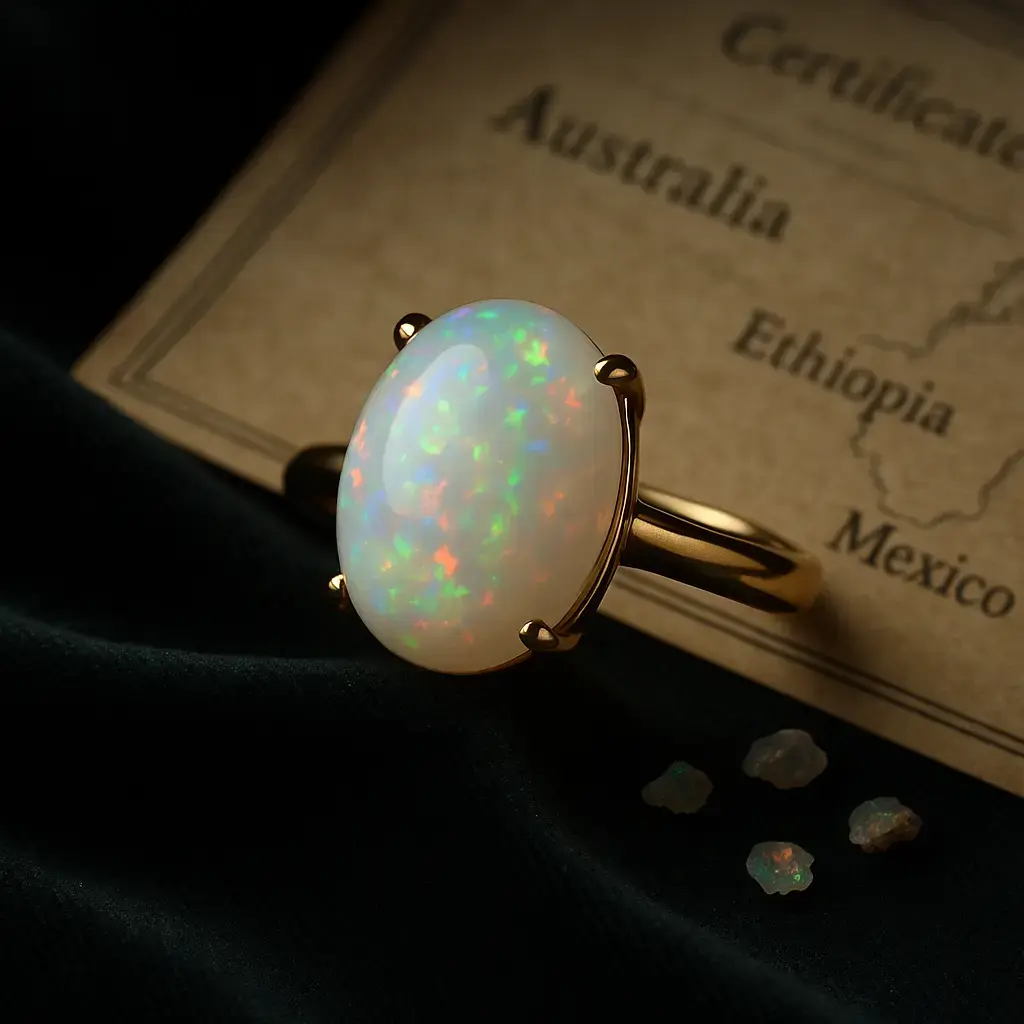 Золота каблучка з великим білим натуральним опалом з яскравою грою кольорів на темному оксамиті, ювелірний бренд HURTOVA, австралійські ефіопські мексиканські опали, натуральні дорогоцінні камені.