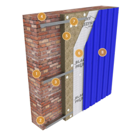 Облицювання фасаду профнастилом (розташованим вертикально) з утепленням.