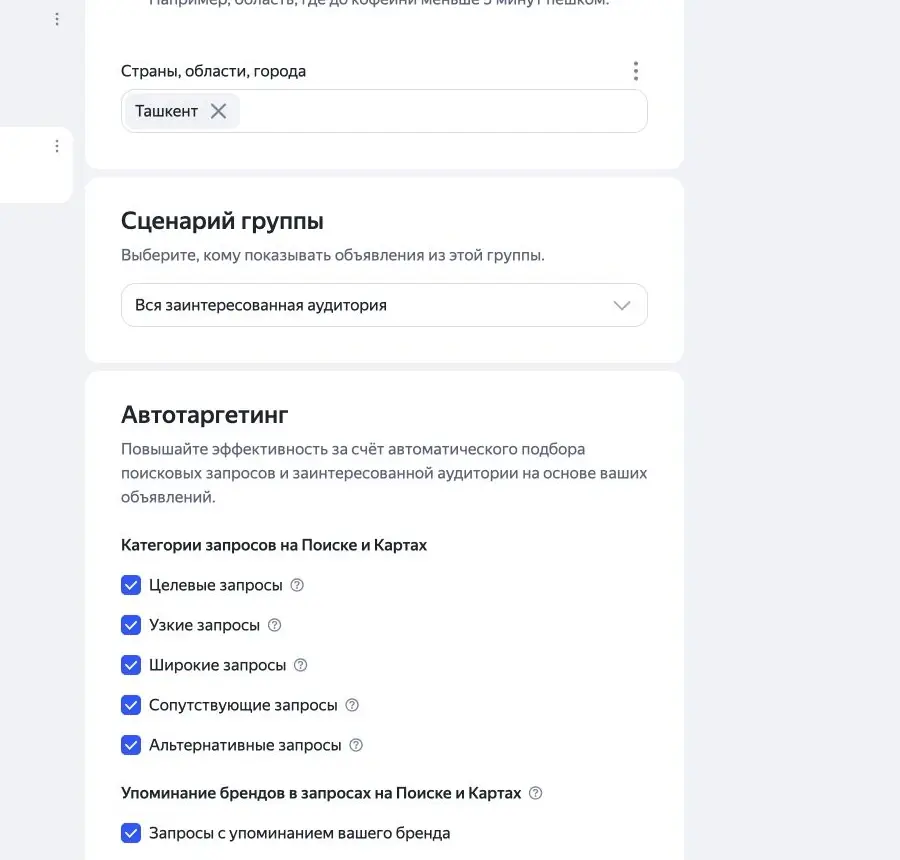 Категории запросов автотаргетинга в группе Яндекс Директа