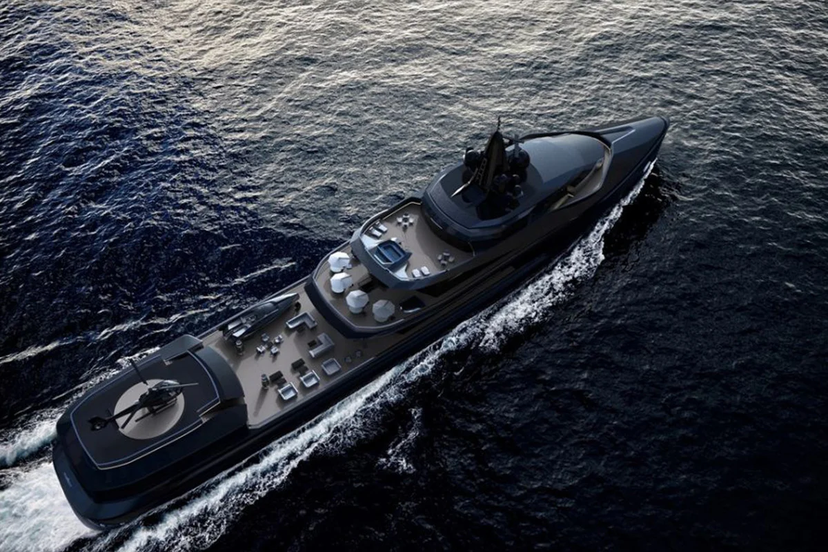 black yacht with helipad