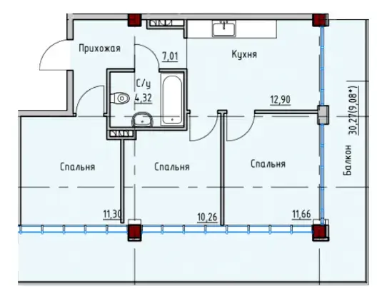 Планировка 4-комнатной квартиры в ЖК ITown