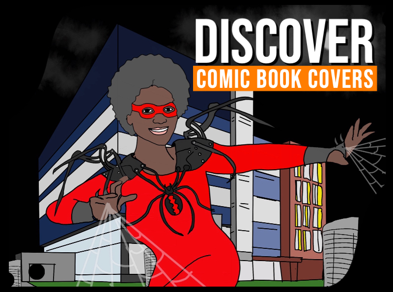 Illustration of a superhero woman in a red spider-themed suit and mask, launching webs from mechanical arms. Text reads 'DISCOVER COMIC BOOK COVERS' in bold white and orange, with a modern building in the background at night.