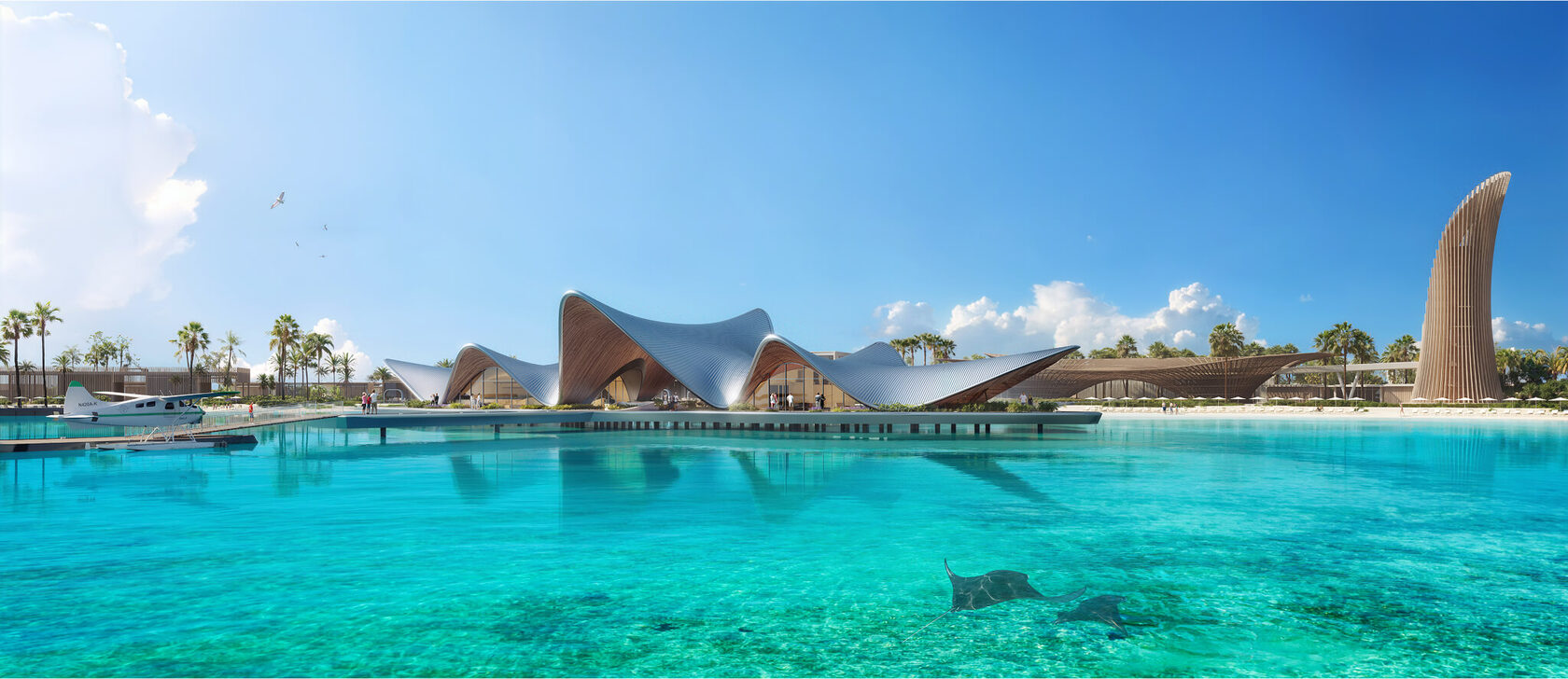 Zamani Islands arrival pavilion over the lagoon, artist's impression