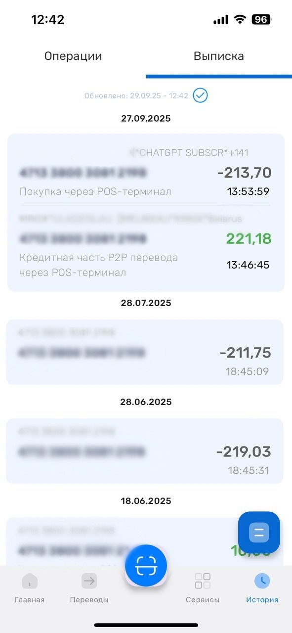 Выписка по карте Visa: покупки, зачисления и время операций