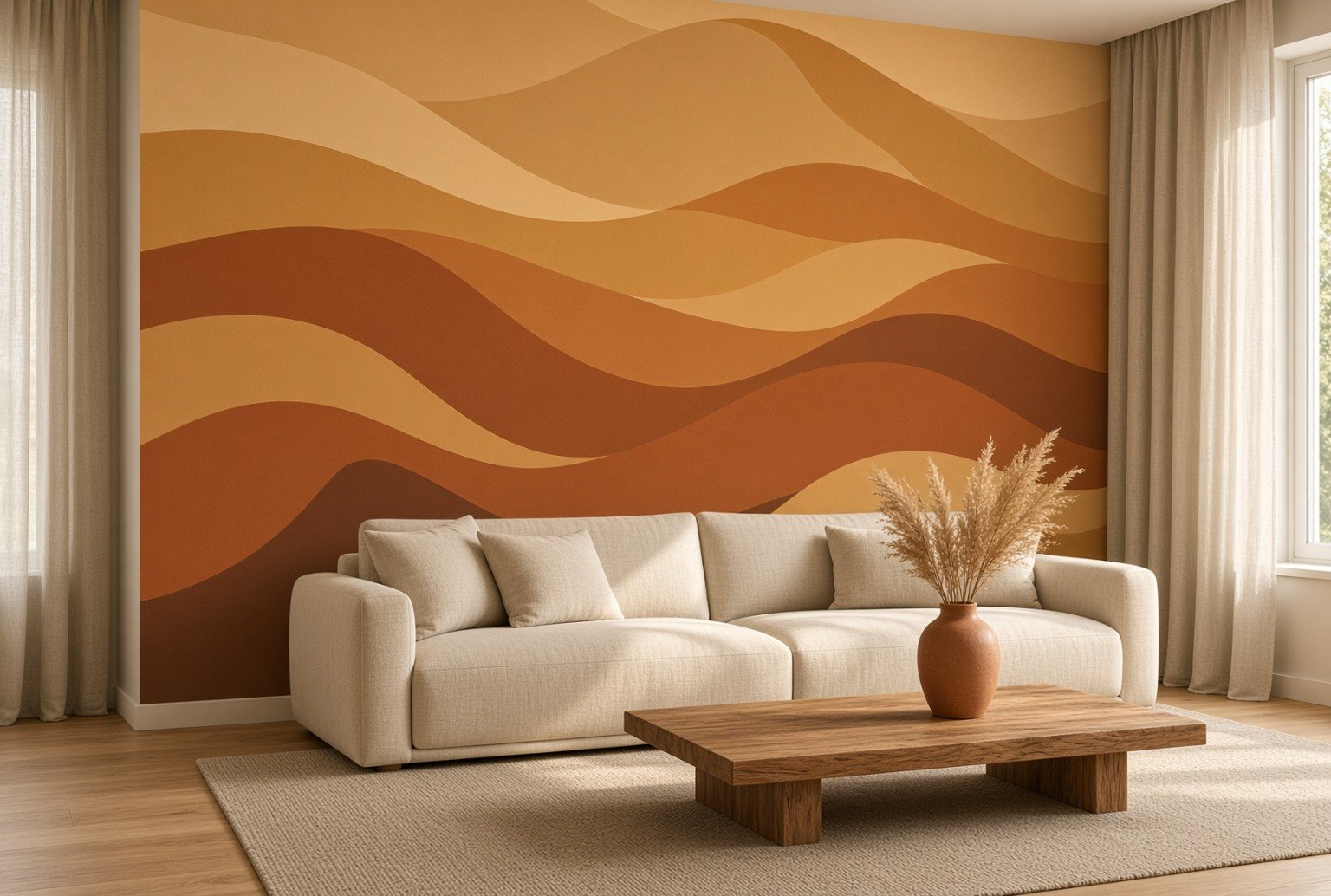 Living room after wallpaper installation — finished wave mural with sofa and coffee table
