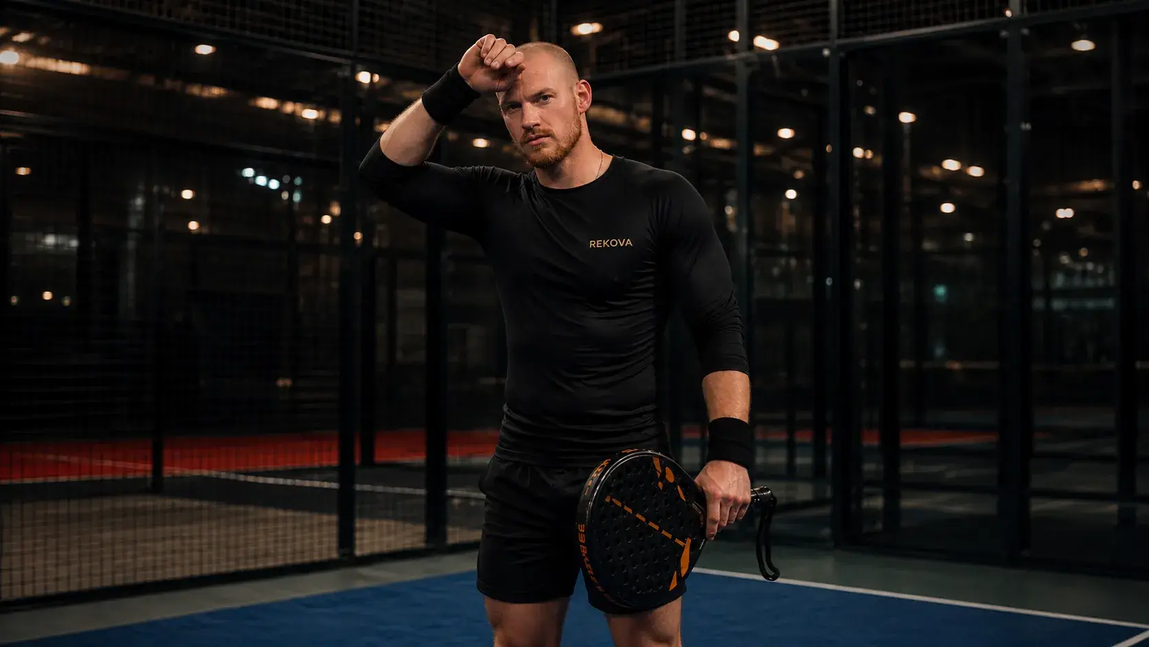 Exhausted padel player after match — fatigue and soreness