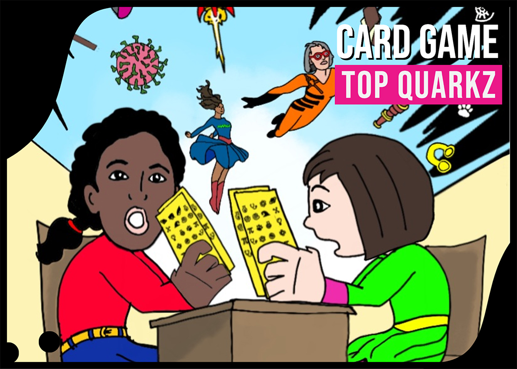 Illustration of two children excitedly playing the "Top Quarkz" card game at a table, surrounded by superhero characters flying in the background. A yellow circle reads "A Remarkablz Product".